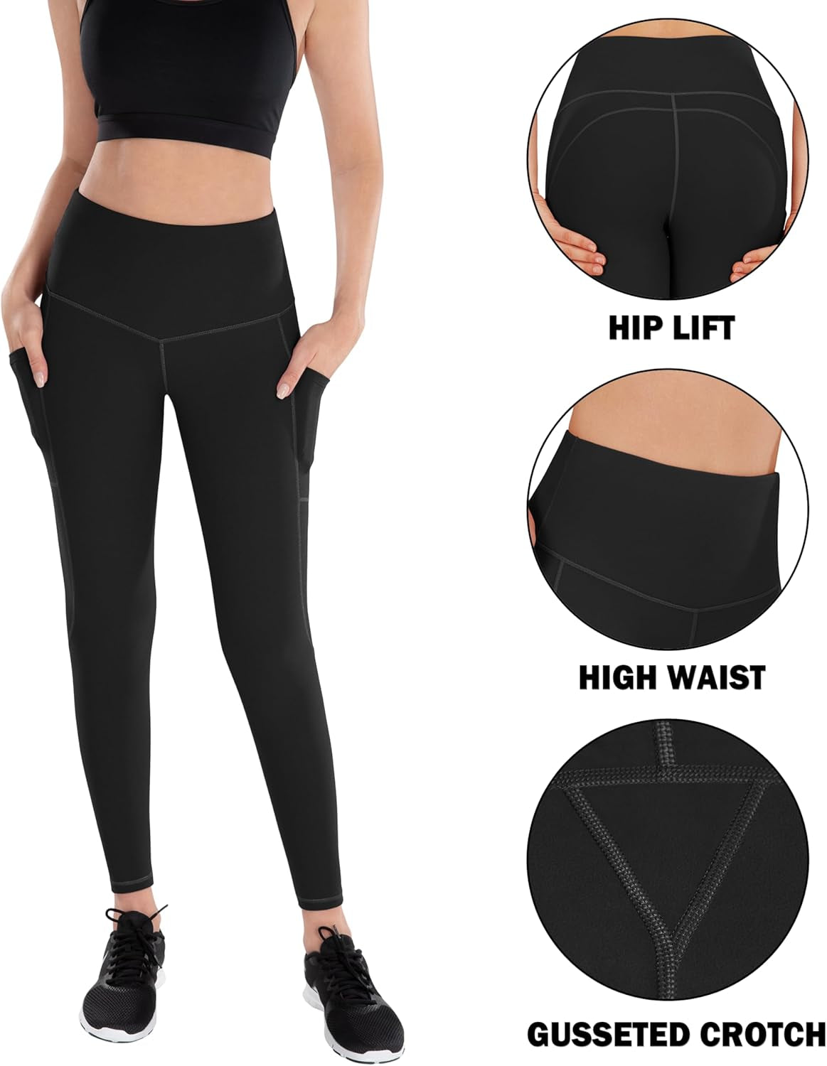 Lifesky Women Yoga Leggings Pants: High Waist Tummy Control 4-Way Stretch Yoga Pants with 3 Pockets for Ladies - Compression Anti-Squat Proof Tights for Workout Gym Running Athletic Exercise Fitness