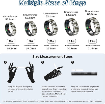 Smart Ring Health Tracker, Sleep Tracker Ring with Heart Rate,Waterproof Fitness Ring for Activity Monitoring/Steps/Distance/Calories,Air Gestures,Up to 7Day Battery,For Ios Android(Stylish Silver#12)